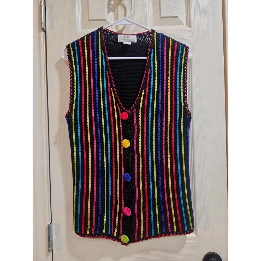 Vintage Lisa International Vest Womens S Black Rainbow Crochet Knit Buttons